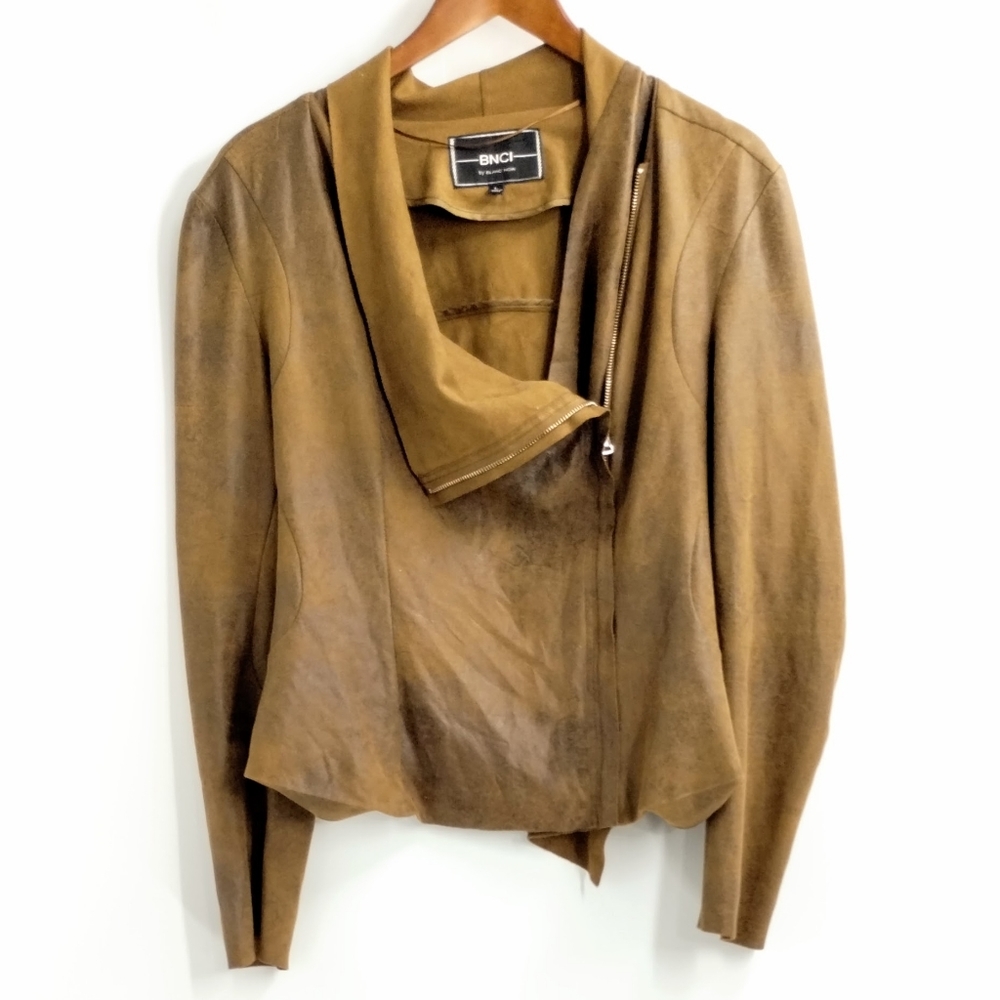 BNCI Vegan‎ Suede Moto Jacket Brown Crackle Zip Drape - Picture 2 of 10